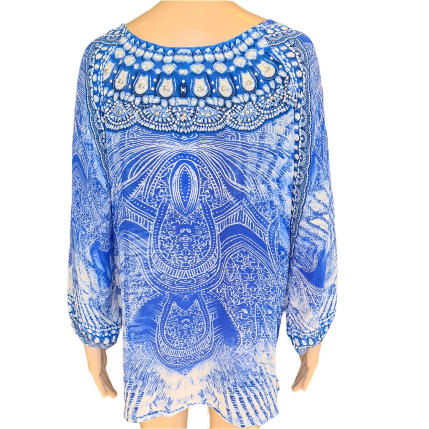 Blue Silk Embellished Gypsy Top with white and silver beadwork and 3/4 elasticated sleeves