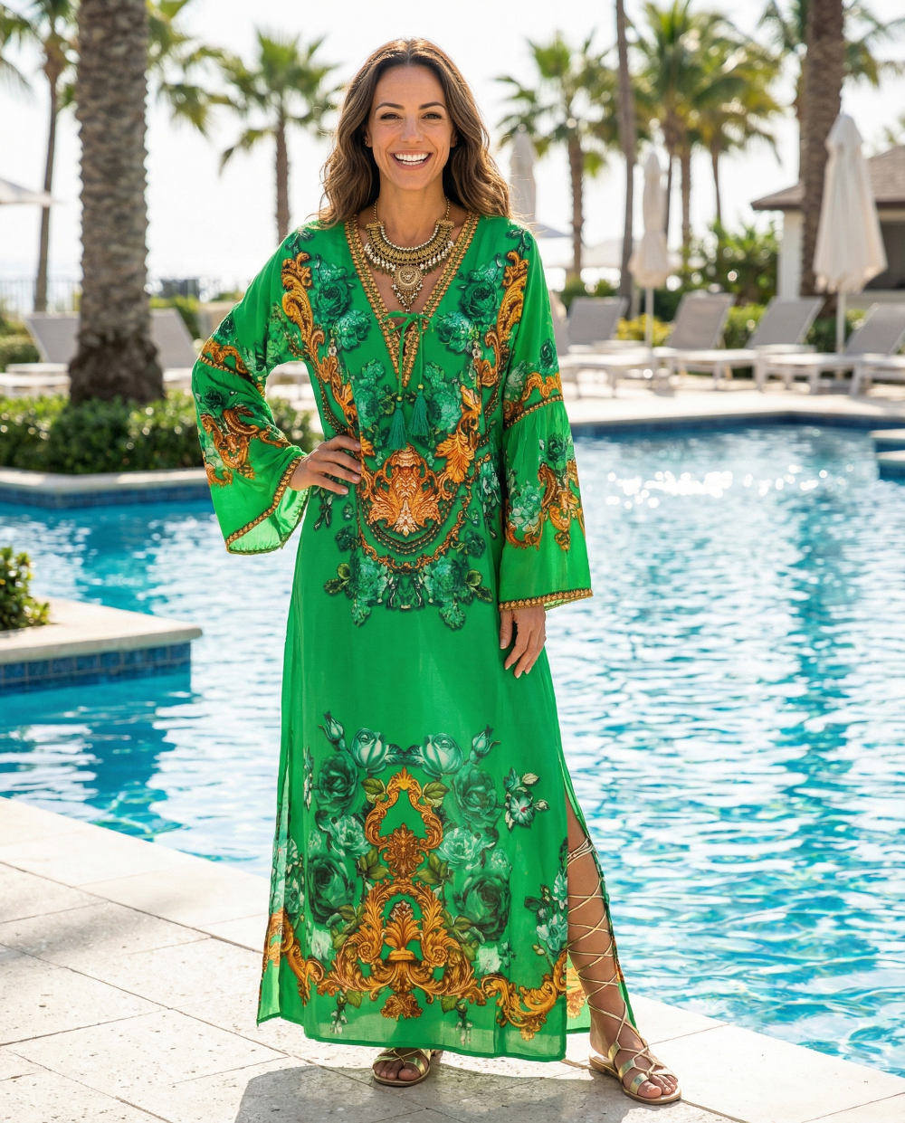 Maxi dress with flared sleeve Fantasy Emerald Pink by KTB