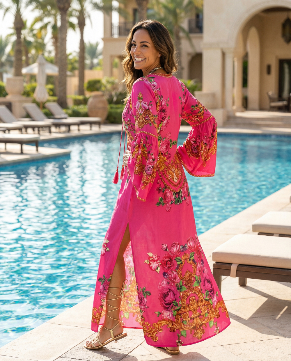 Maxi dress with flared sleeve Fantasy Leopard Pink by KTB