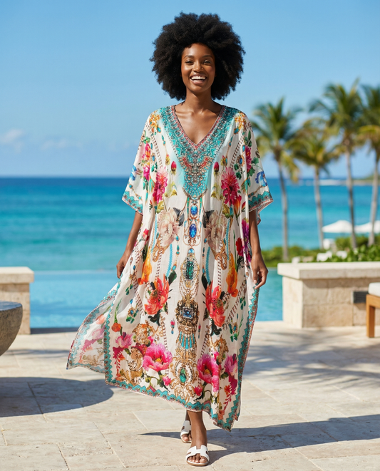 Long Silk Embellished Kaftan Sienna