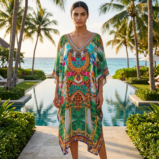 Short Silk Embellished Kaftan Tropical by Kaftans that Bling