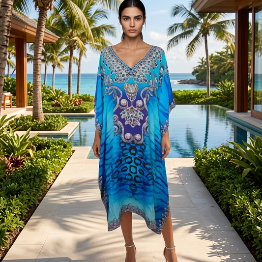Long Silk Embellished Kaftan Reef