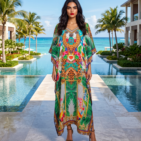 Long Silk Embellished Box Kaftan Tropical