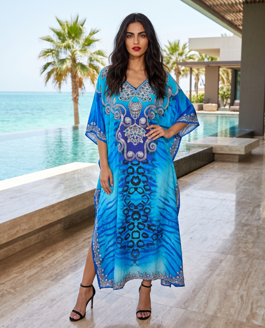 Long Silk Embellished Box Kaftan Reef