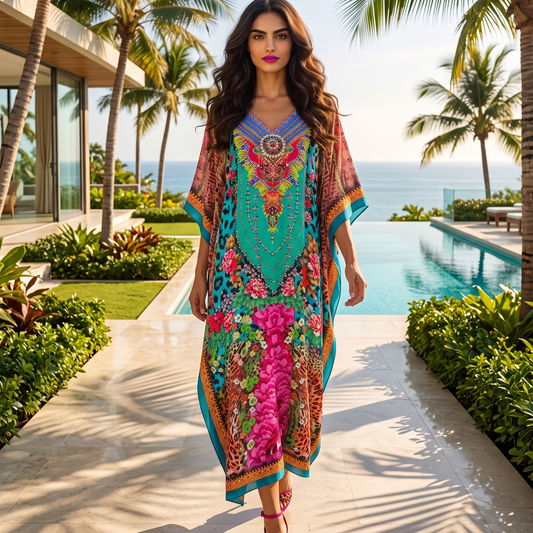 Long Silk Embellished Box Kaftan Exotica