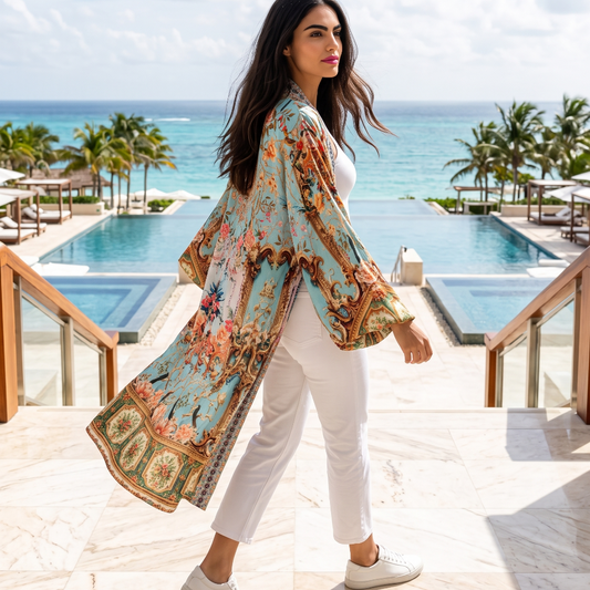 Long Embellished Silky Kimono Baroque
