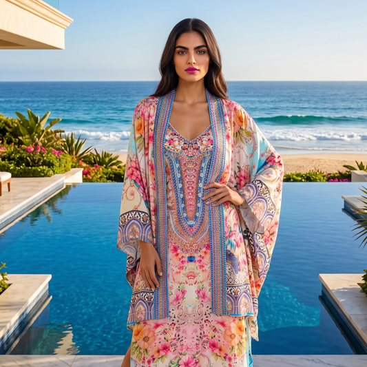 short Embellished Silky Kimono