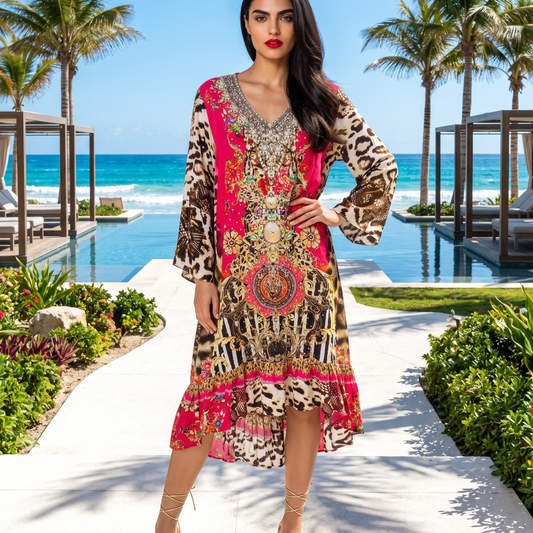 Silk Embellished Hi-Low Frill Dress Garden Delight