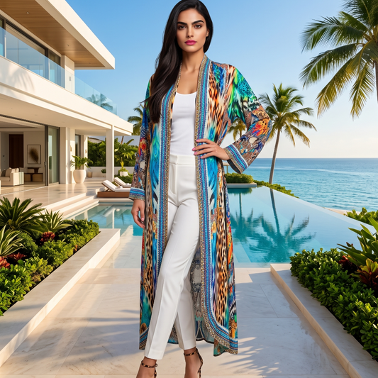 Long Silk Embellished Jacket Peacock