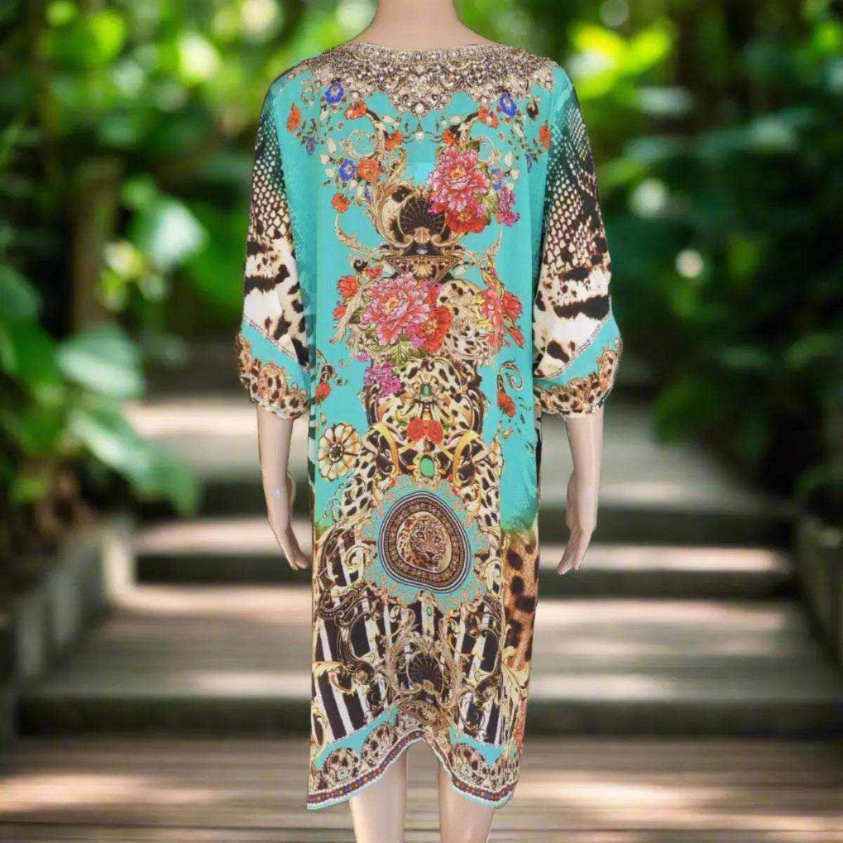 sleeve silk embellished dress with animal print and floral design in turquoise and gold detailing