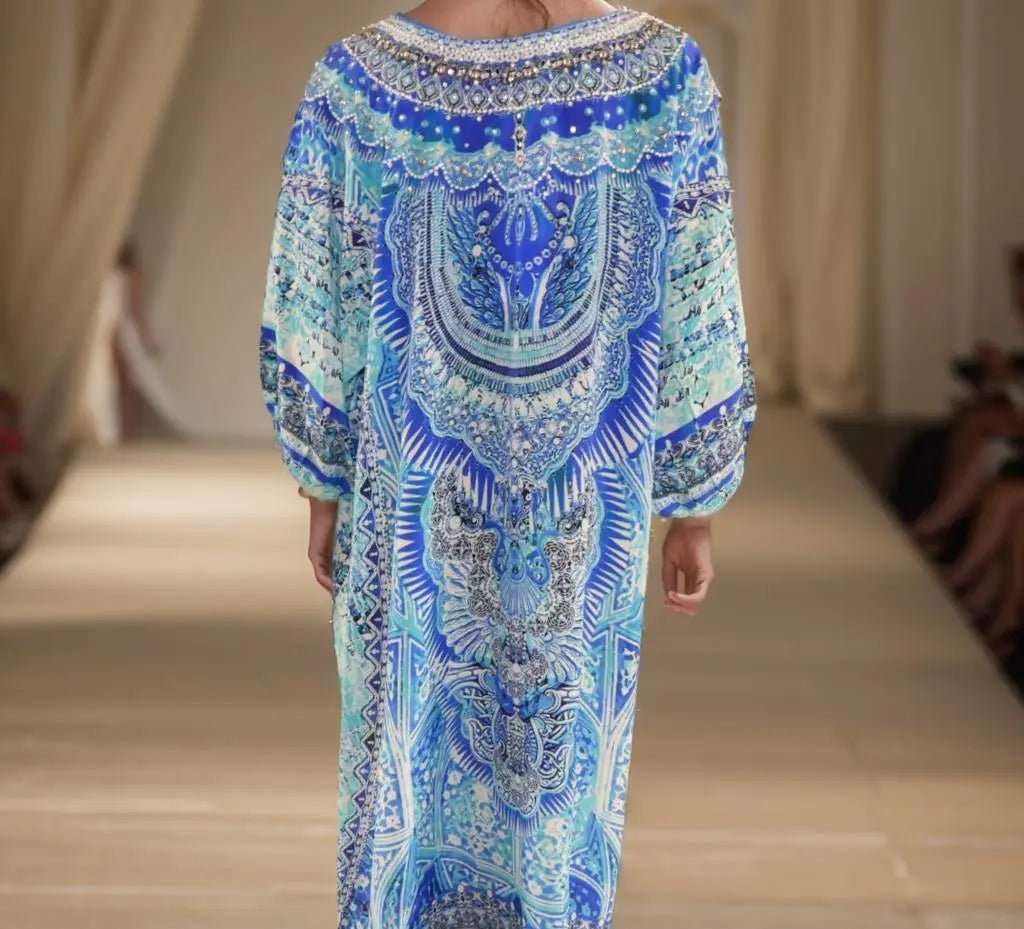 3/4 sleeve silk embellished Egyptian blue dress with intricate beadwork and side splits