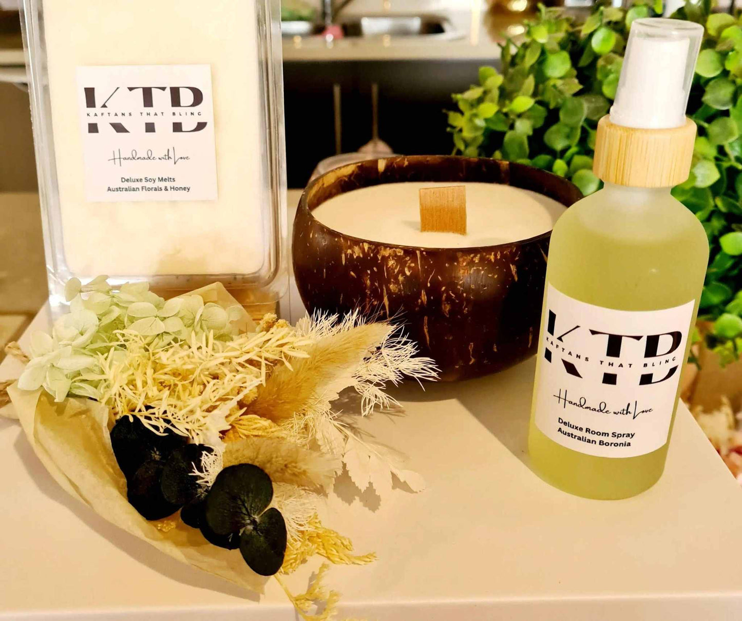 Reclaimed coconut shell soy candle set with wood wick, room spray, and dried flower posy by Kaftans that Bling