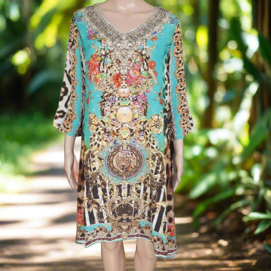 Garden Delight (Aqua) short silk embellished Tunic Dress