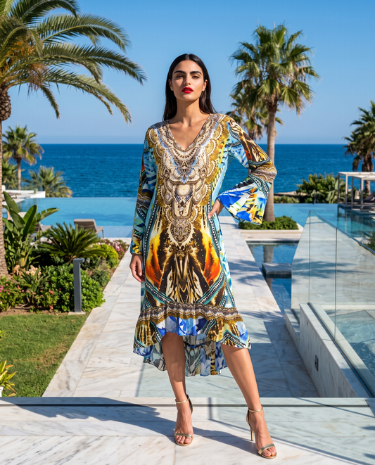 Silk Hi-Low Frill Dress Saffron- Multi-kaftans that bling