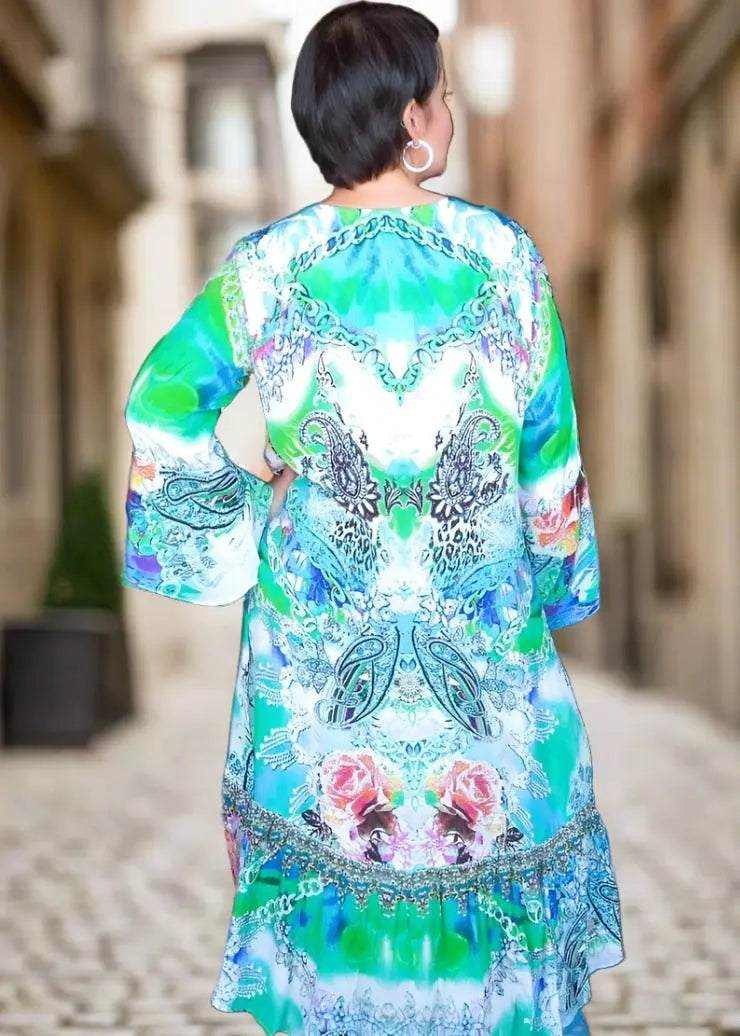 Colorful Silk Hi-Low Frill Dress with long sleeves and intricate beadwork detailing