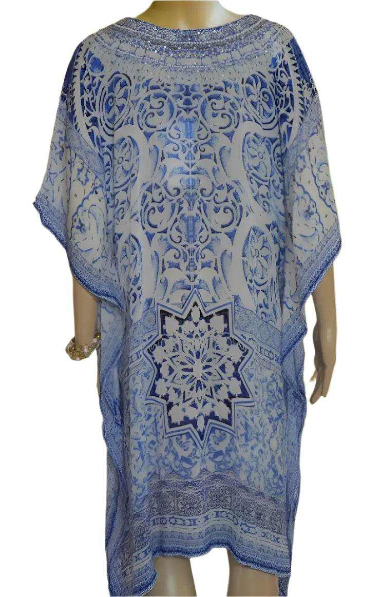 blue and white garden short silk embellished kaftan with silver beadwork and V-neckline by Fashion Spectrum