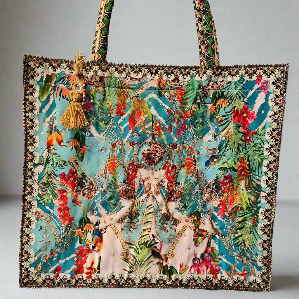 Large Embellished Tote Bag with colorful botanical print, padded handles, and zipper closure by Fashion Spectrum