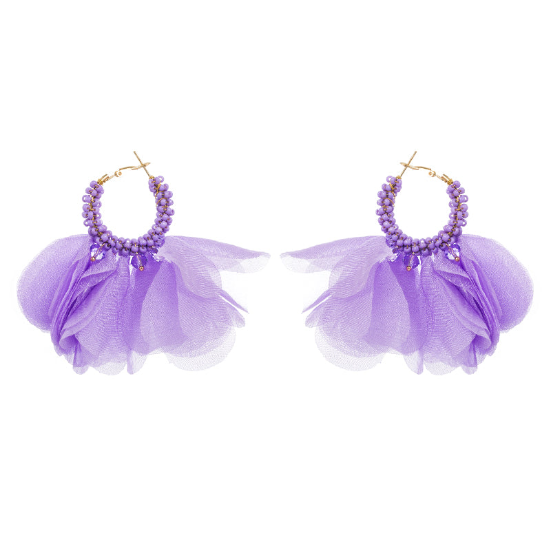 Beaded & Organza Floral Round Circle Earrings