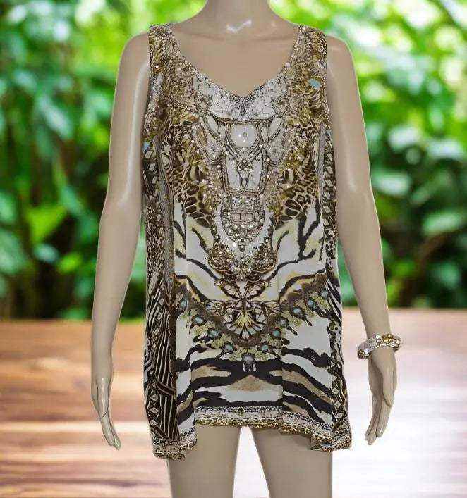 Cheetah silk embellished tank top with gold beadwork and animal print design on a mannequin
