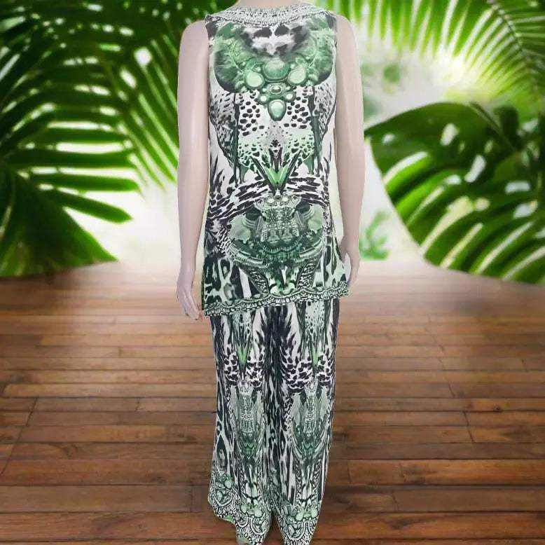 Garbo green silk cami with V-neck and intricate white-silver beadwork on front and neckline, multi animal print design