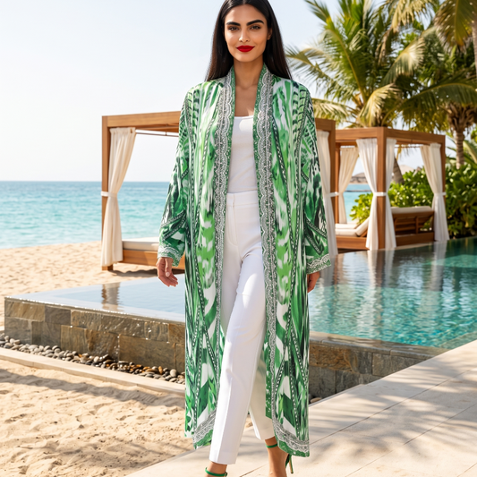 Saffron Green Long Silk Embellished Jacket