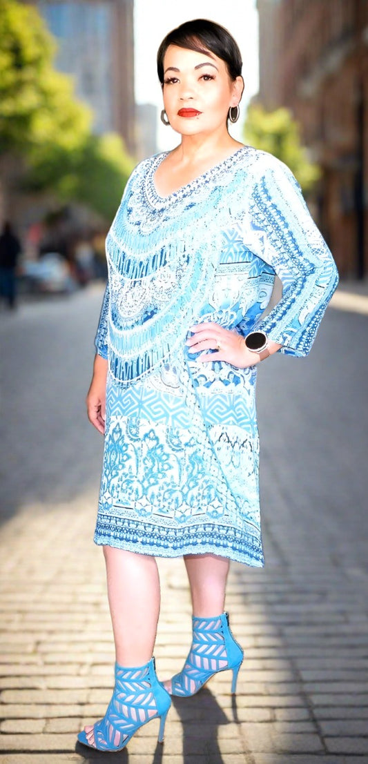 Shades of Blue Silk Hand beaded Tunic Dress by Fashion Spectrum - Kaftans that Bling
