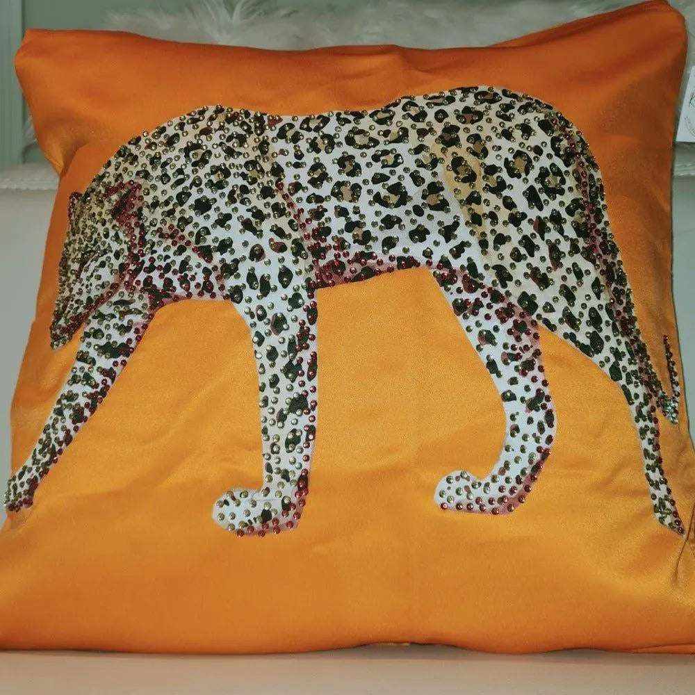 Jaguar silky embellished cushion cover with sequin jaguar design on orange satin fabric