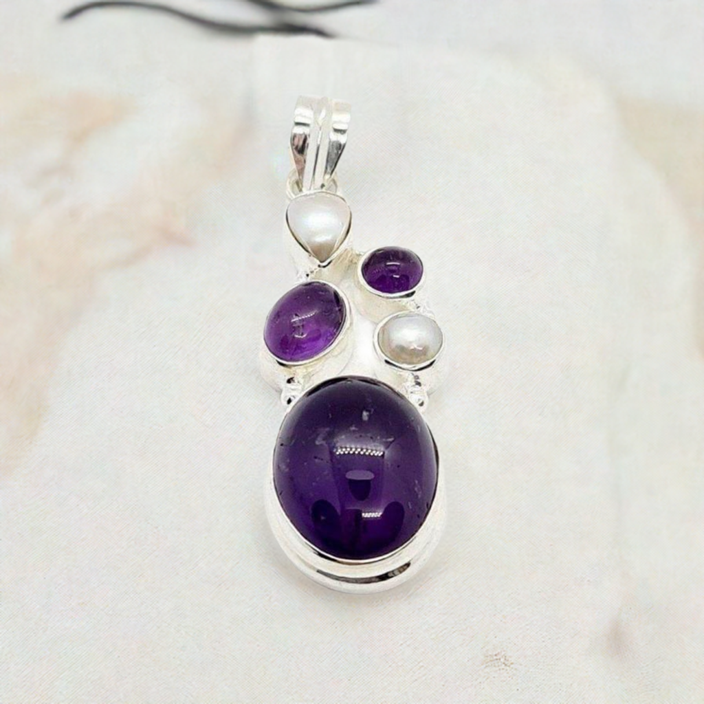 Amethyst & pearl solid sterling silver pendant - Kaftans that Bling