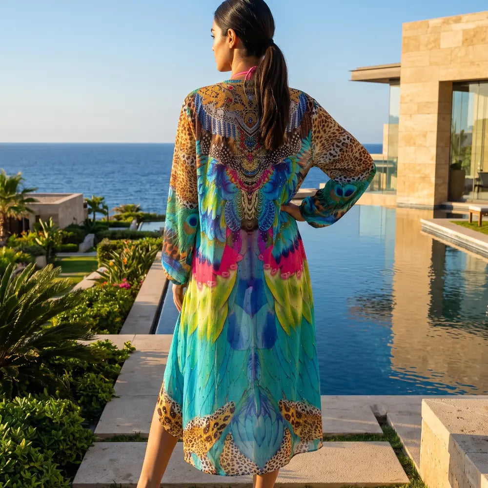 long Silk Embellished Kimono Robe Enchanted by Kaftans that Bling