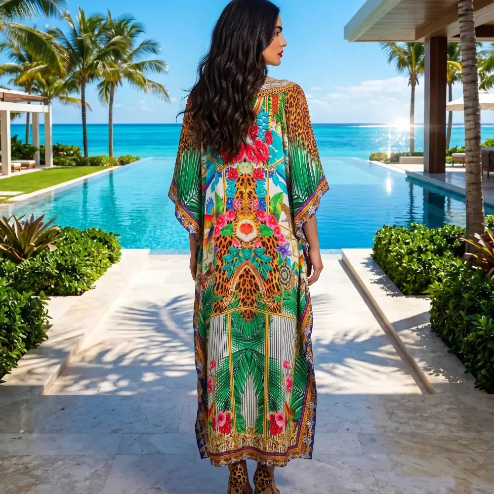 Long Silk Embellished Kaftan Tropical by Kaftans that Bling