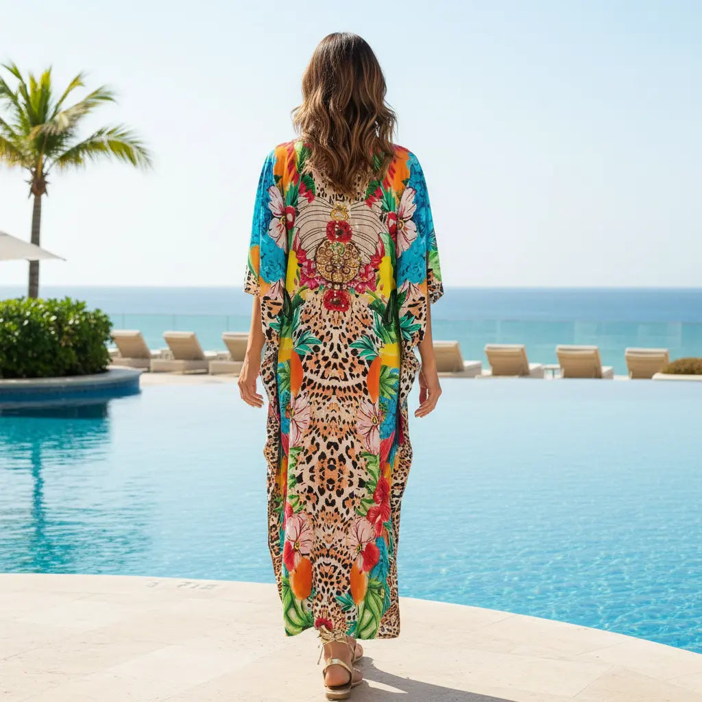Long Silk Embellished Box Kaftan Tropics