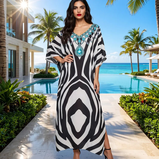 Long Silk Embellished Box Kaftan Zebra