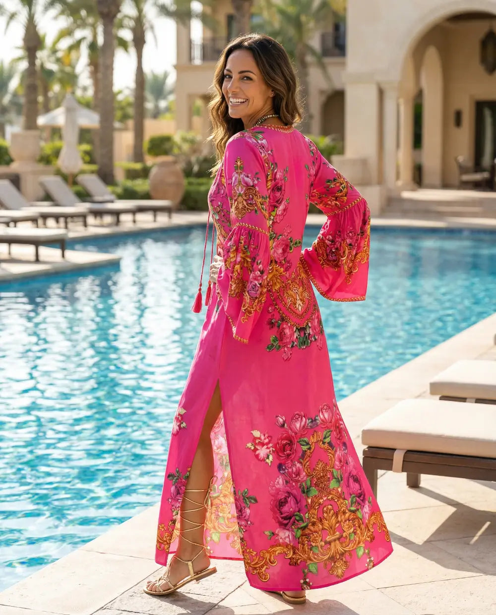 Maxi dress with flared sleeve Fantasy Leopard Pink by KTB
