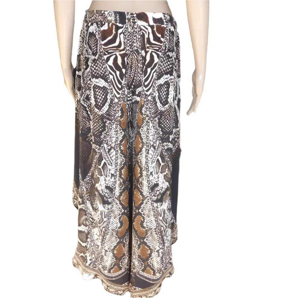 Silk embellished wrap pants with cobra snake print and handsewn beadwork front panels