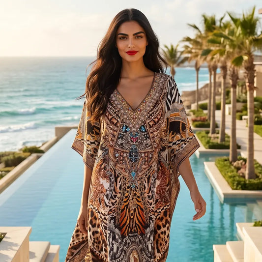 Long Silk Embellished Box Kaftan Leopard at Kaftans that Bling