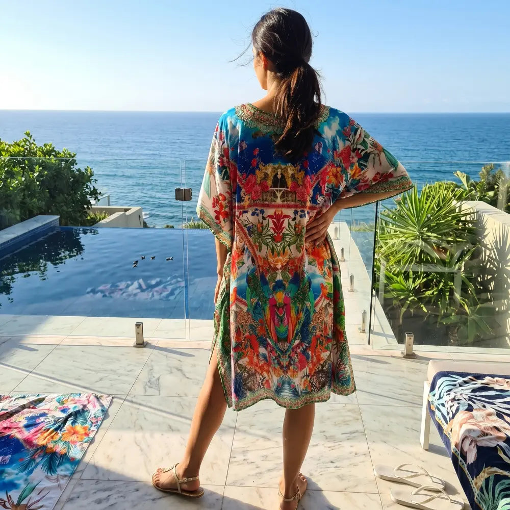 Short Silk Embellished Kaftan Wild Tropical