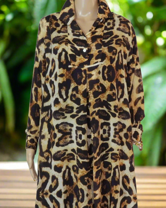 swing shirt Leopard Silk Swing Shirt with Collar fashion spectrum  Kaftans that Bling