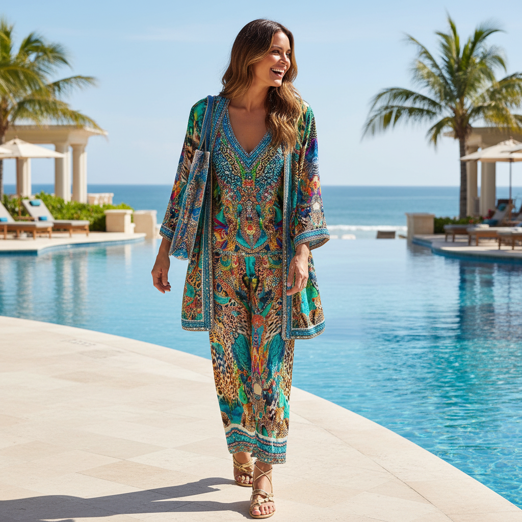 peacock silk embellished palazzo pants, canisole & matching Kimono Jacket at Kaftans that Bling 