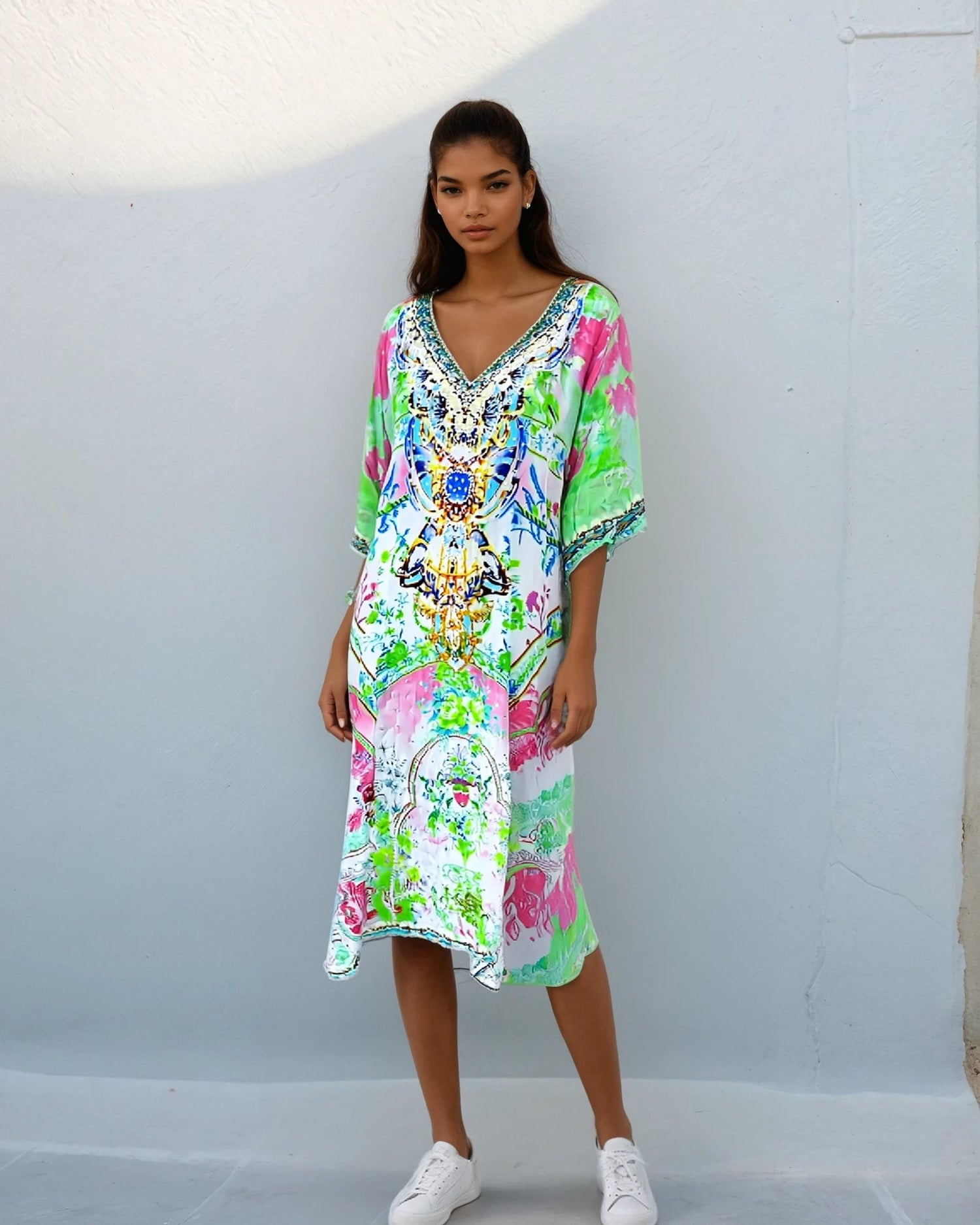 Layla silk/visose embellished kaftan dress by Fashion Spectrum, this style has a 3/4 sleeve. buy australian designed kaftans online at kaftans that bling