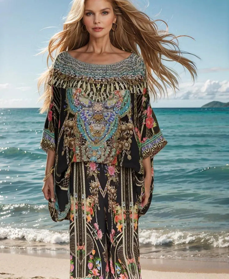 Enchanted Garden silk embellished hi-low silk kaftan/top Designed in Australia by Fashion Spectrum available  at Kaftans that Bling 