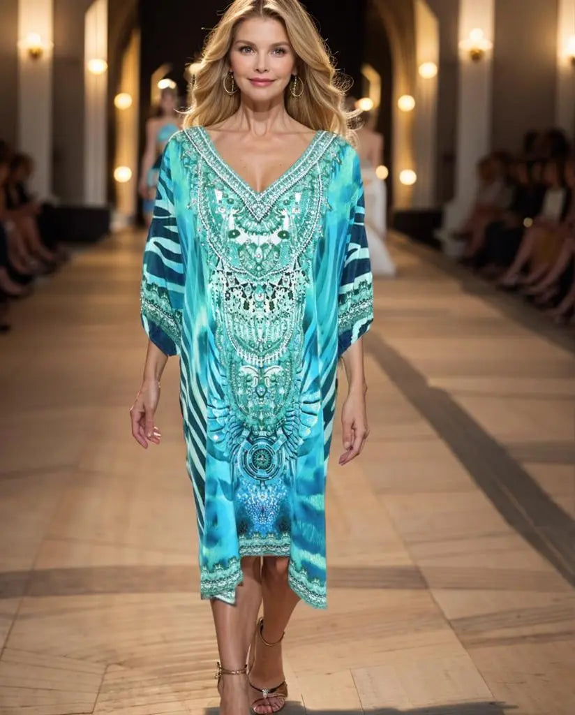 3/4 sleeve Silk Embellished Dress Zulu - Kaftans that Bling