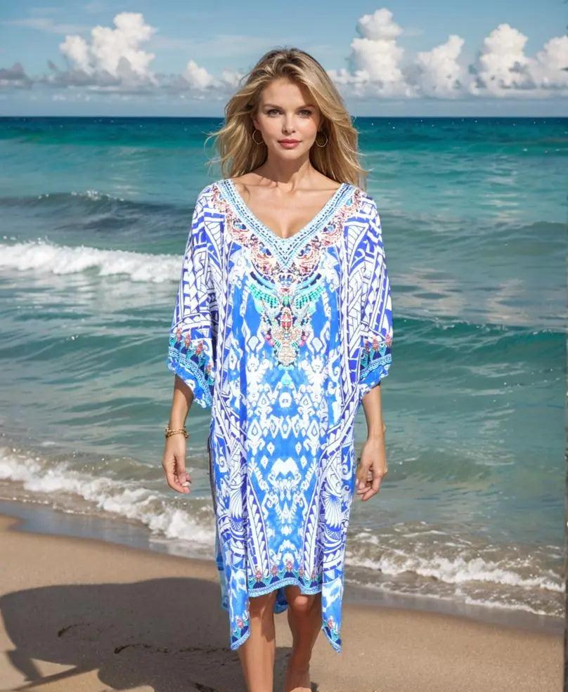 3/4 sleeve Embellished Dress Geo - Kaftans that Bling