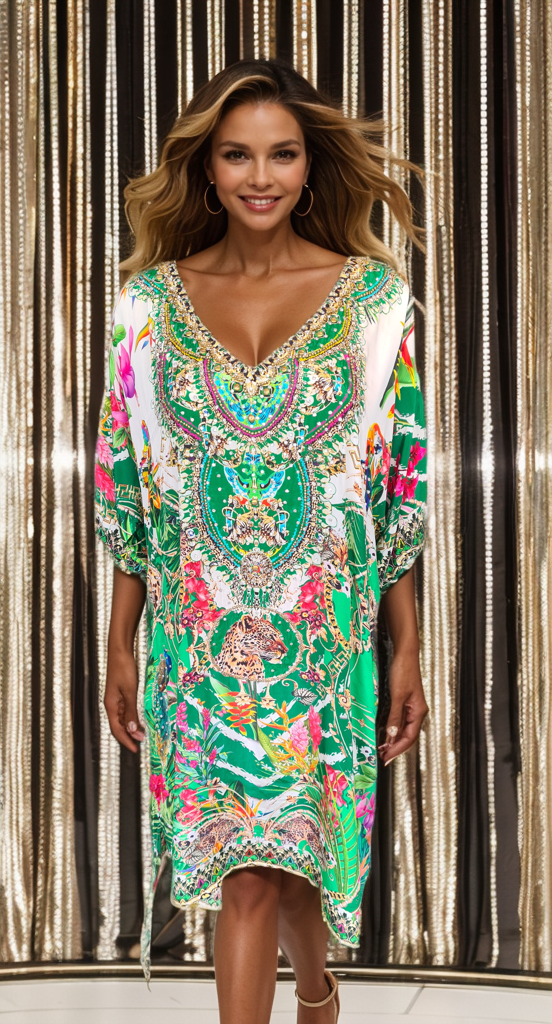 Short Embellished 3/4 sleeve Kaftan Dress -  Bardini