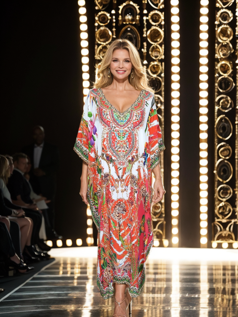 Long Silk Embellished Box Kaftan Tropical