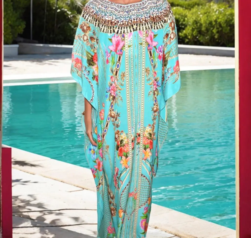 Long Silk Embellished Kaftan- Capri Aqua - Kaftans that Bling