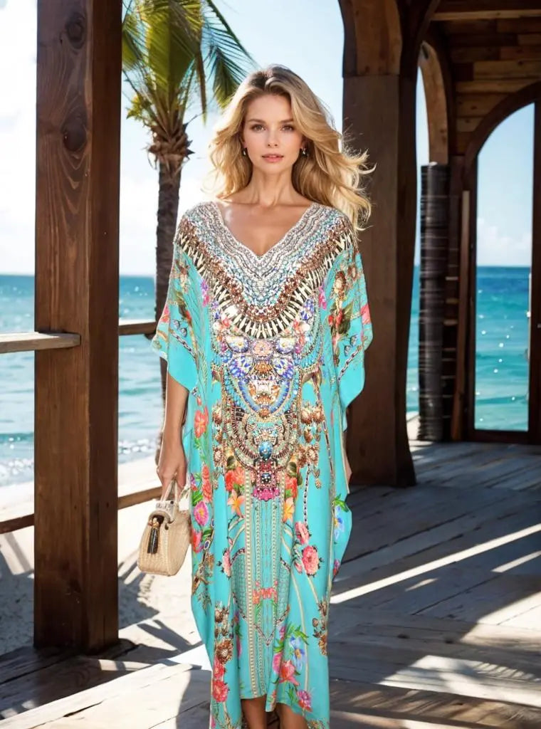 Long Silk Embellished Kaftan- Capri Aqua - Kaftans that Bling