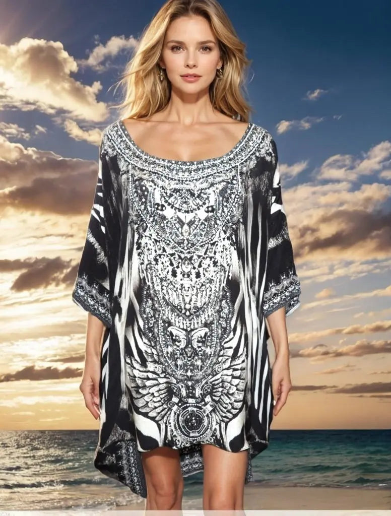 Batwing Embellished Silk Top Zulu - Kaftans that Bling