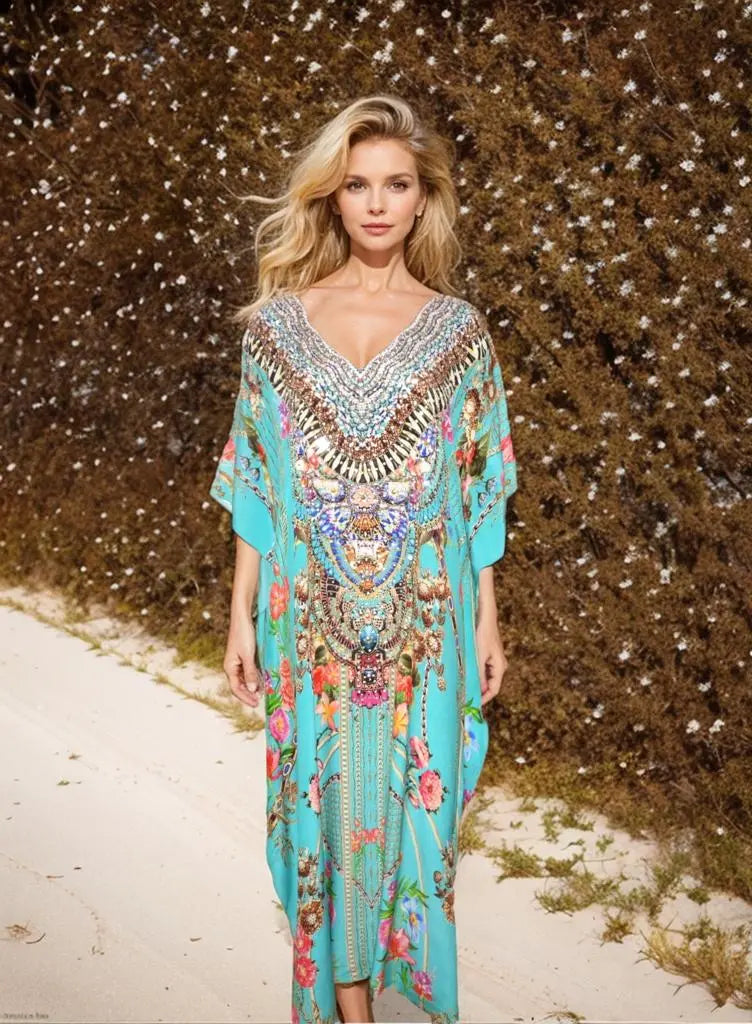 Long Silk Embellished Kaftan- Capri Aqua