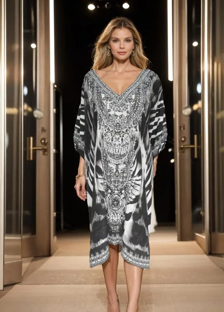 Zulu 3/4 sleeve Silk Embellished Dress - Kaftans that Bling