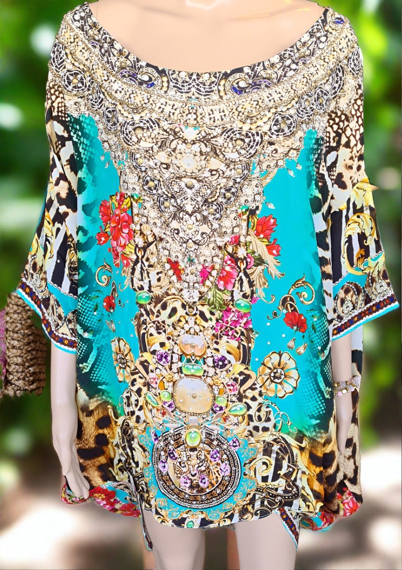Garden Delight Aqua Batwing Silk Embellished Hi-low Kaftan/Top by Fashion Spectrum